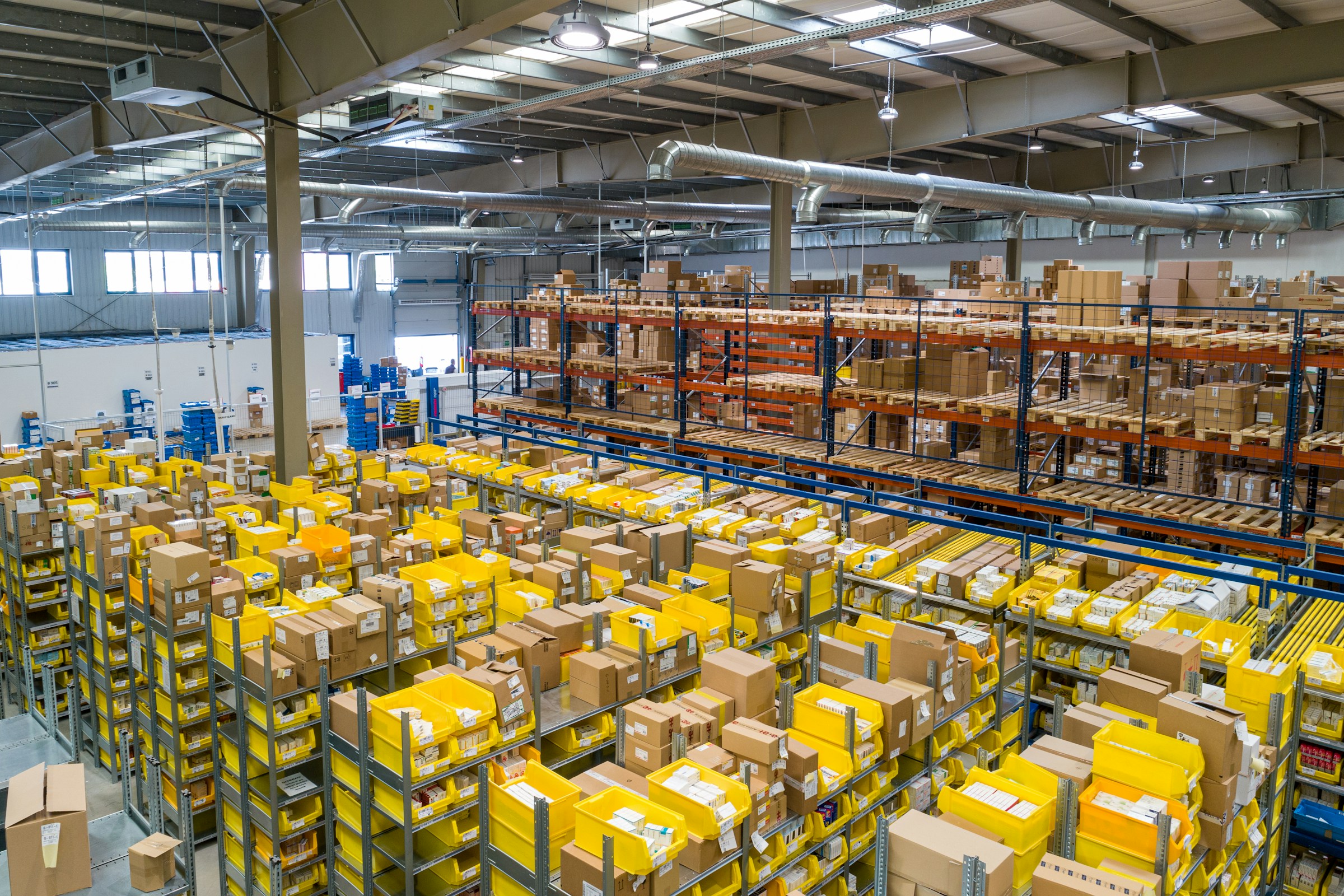 Palletized merchandise stored in a distribution warehouse